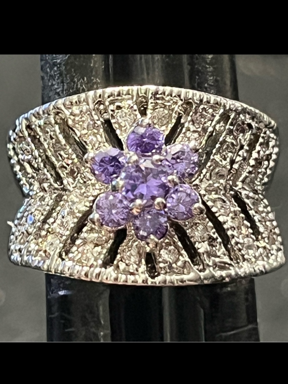 Lavender flower floral design pave set CZ cubic zirconia cocktail statement ring